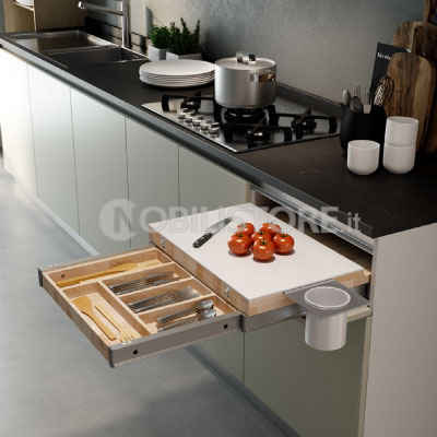 Dispositivo Cook, tavolo, tagliere e contenitore estraibili dal cassetto