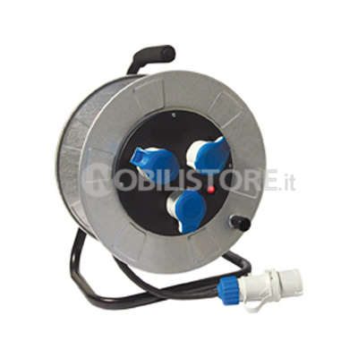 Avvolgicavo metallico 30 m. H07RN-F 3G2,5 - disco prese Ø 205 mm. - 3 prese 2P+T 16A 220V CEE blu + disgiuntore