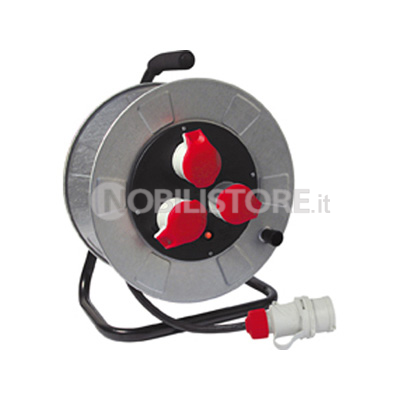 Avvolgicavo metallico 30 m. H07RN-F 4G2,5 - disco prese Ø 205 mm. - 3 prese 3P+T 16A 380V CEE rosse + disgiuntore