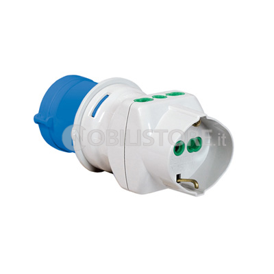 Adattatore industriale da spina 2P+T 16A CEE blu a 2 presa 2P+T 16A bipasso + 1 bipasso/standard tedesco