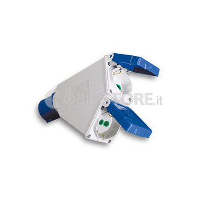 Adattatore industriale IP44 da spina 2P+T 16A CEE blu a 2 prese 2P+T 16A bipasso/standard tedesco