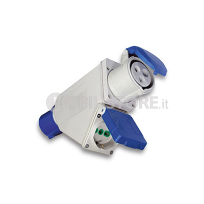 Adattatore industriale IP44 da spina 2P+T 16A CEE blu a 1 presa 2P+T 16A CEE blu + 1 presa 2P+T 16A bipasso/standard tedesco