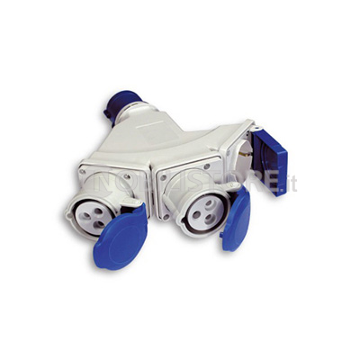 Adattatore multiplo industriale a 2 prese 2P+T 16A CEE blu IP44 + 1 presa 2P+T 16A bipasso/standard tedesco
